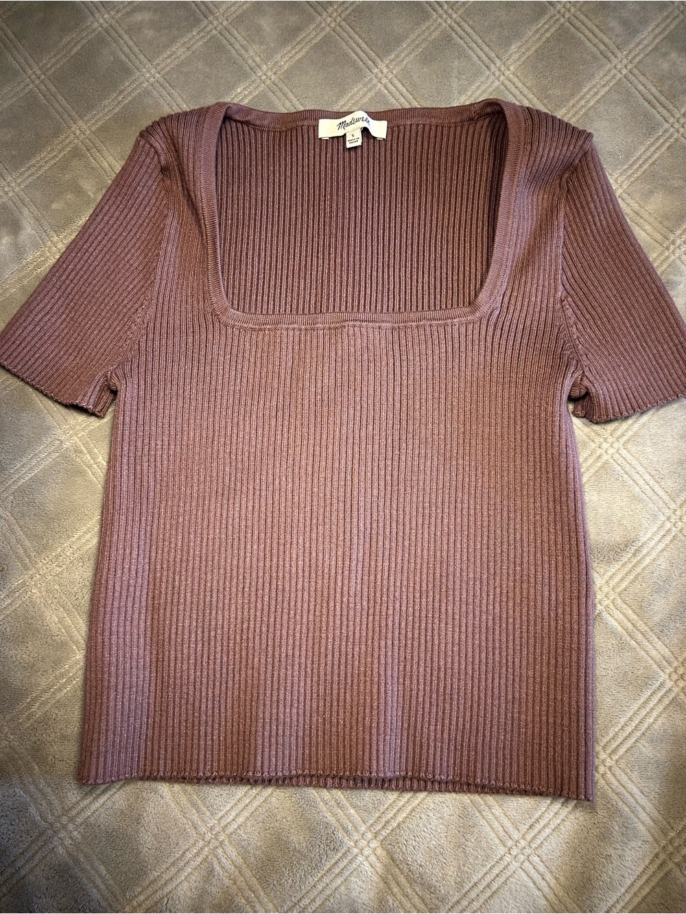 Madewell Ribbed Square-Neck Cropped Short Sleeve Top - Mauve Brown